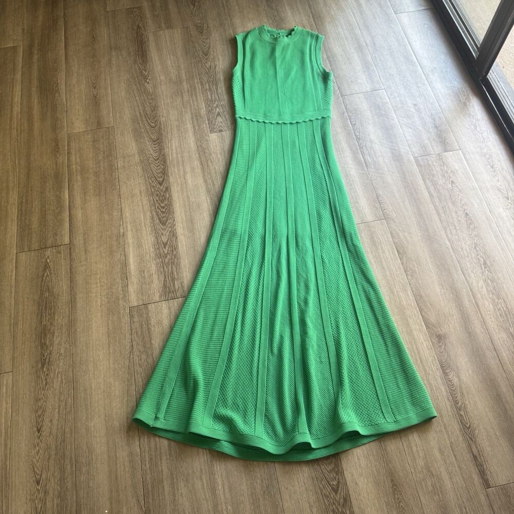 THE KOOPLES Scalloped Rib Knit Maxi Dress Sz M Emerald Green Romantic MSRP $415